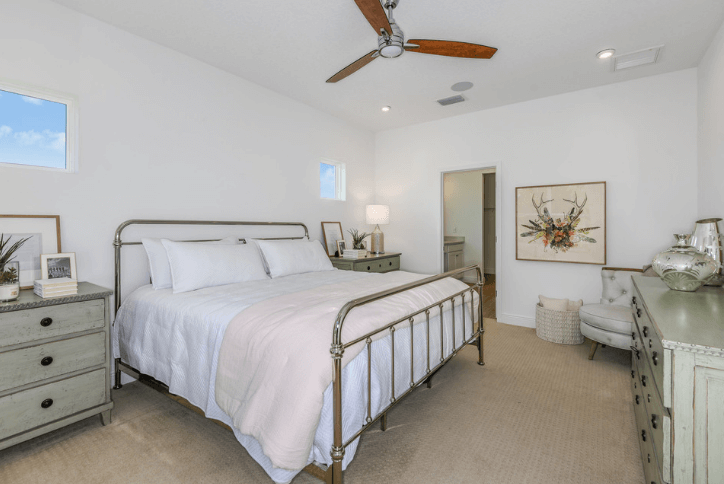 Calmly neutral colors in guest bedroom.