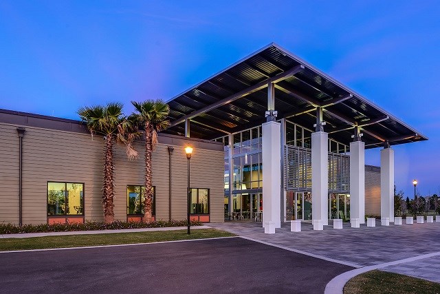 Exterior nighttime of The Landing at Waterset Club House Apollo Beach, Florida