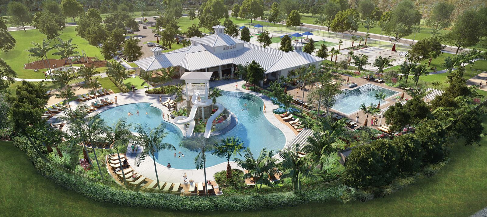 Aerial wide angle view of the Waterset Club pool and amenities.
