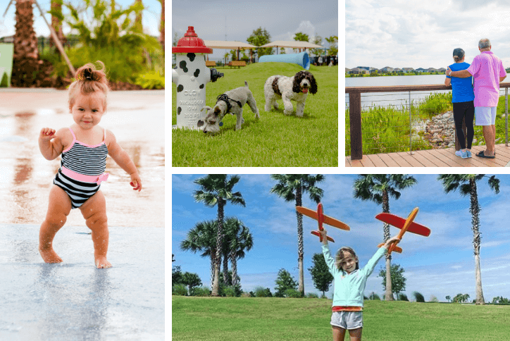 Collage of residents and pups enjoying the Lakeside in Waterset.