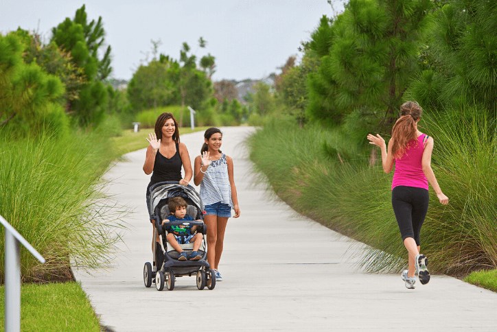 Residents walking and running along trail amenity in Waterset.