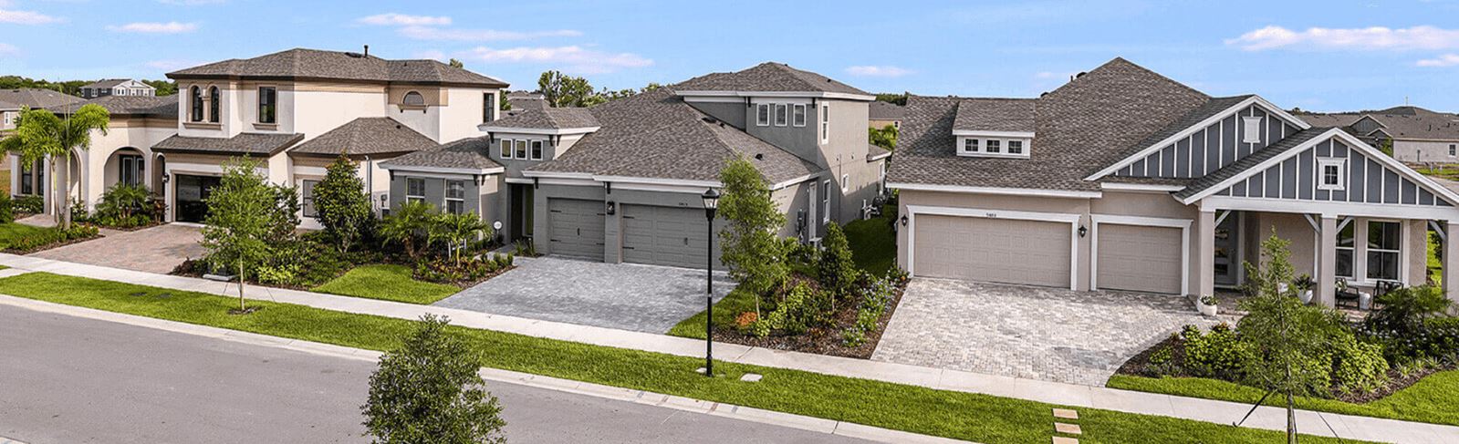 Streetscape of new homes in Waterset, new homes in Apollo Beach.
